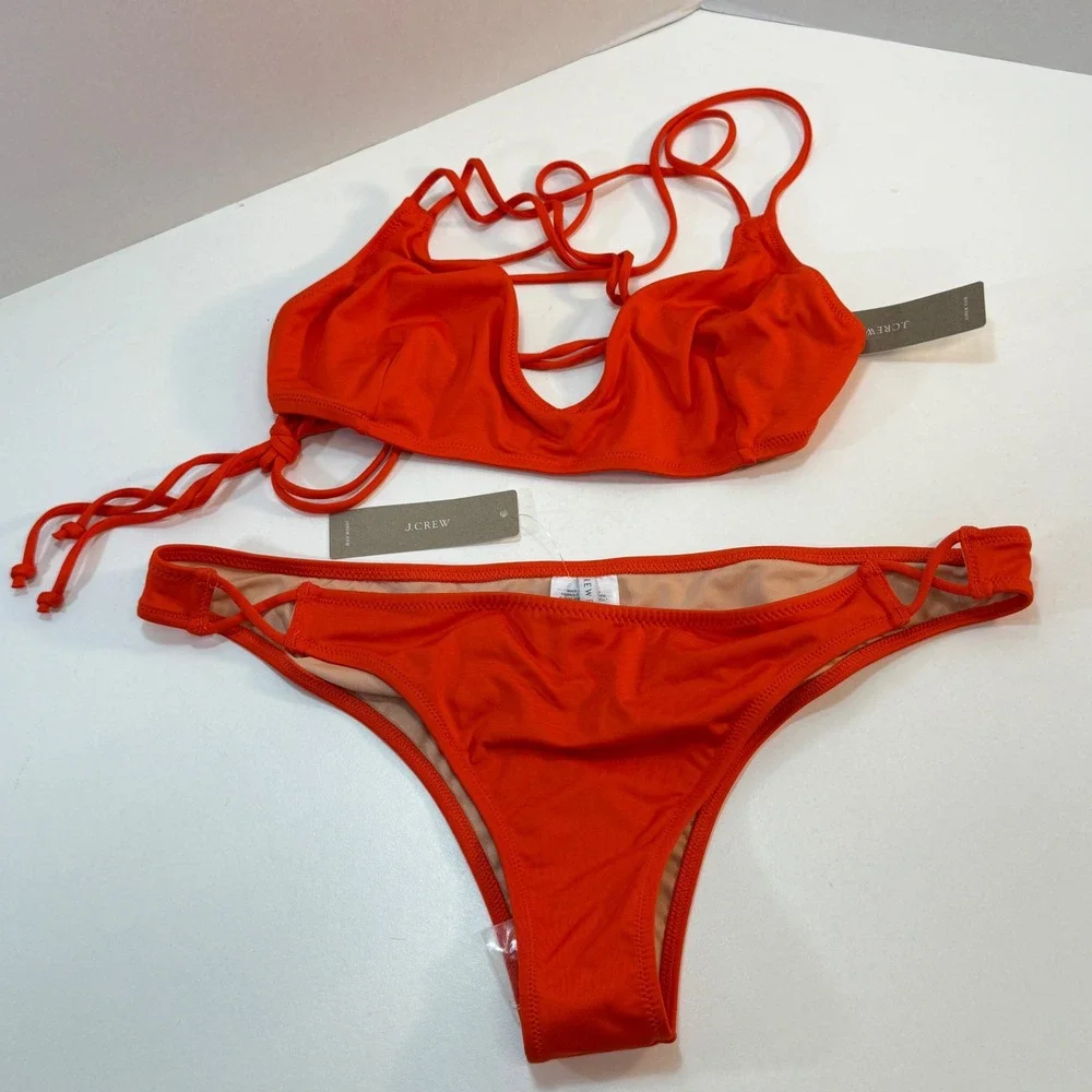 J.Crew Playa Bikini Set Swimsuit Womens Large Orange Cerise Strappy H8447 New